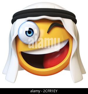 Wencing Arab emoji isolé sur fond blanc, souriant Arabian wencing visage émoticon rendu 3d Banque D'Images