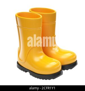 Bottes de pluie en caoutchouc jaune isolées sur fond blanc rendu 3d Banque D'Images