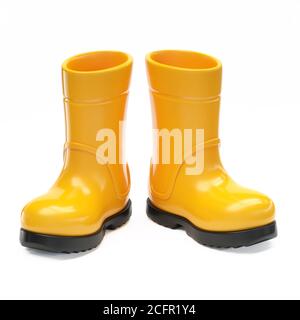 Bottes de pluie en caoutchouc jaune isolées sur fond blanc rendu 3d Banque D'Images