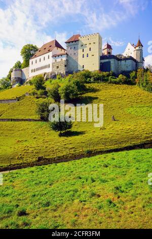 Vue panoramique sur le château de Lenzburg, situé au-dessus de la vieille ville de Lenzburg dans le canton d'Argau, en Suisse. Banque D'Images