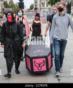 londres Royaume-Uni 07 septembre 2020 extinction droits des animaux à la rébellion et choisir la vie végétalienne , protestant sur la place du Parlement avec certains portant un cercueil avec des animaux écrits et d'autres montrant des mains rouges sangsues.Paul Quezada-Neiman/Alamy Live News Banque D'Images