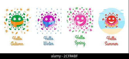 Cartes du coronavirus Times of Year. Bonjour automne, hiver, printemps, été. Isolé sur fond blanc. Illustration du stock vectoriel. Illustration de Vecteur