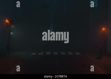 rendu 3d des scènes brumeuses urbaines avec feux de circulation éclairés et passage piéton Banque D'Images