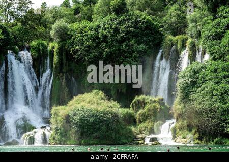 Bosnie-Herzégovine: Les touristes nageant dans le lac bleu-vert sous les chutes de Kravica, une grande cascade tufa sur le fleuve Trebizat. Banque D'Images