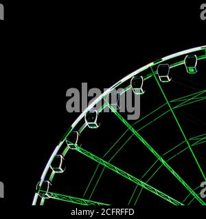 Vue détaillée d'un ferris lumineux vert et blanc roue et cabines dans la nuit noire Banque D'Images