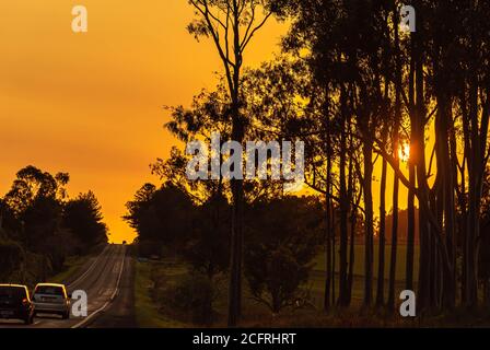 Silhouette de coucher de soleil dans le sud du Brésil. Le contraste des couleurs du coucher de soleil se produit lorsque les rayons atteignent l'atmosphère avec une plus grande portée. Colo à ondes plus longues Banque D'Images