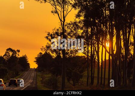 Silhouette de coucher de soleil dans le sud du Brésil. Le contraste des couleurs du coucher de soleil se produit lorsque les rayons atteignent l'atmosphère avec une plus grande portée. Colo à ondes plus longues Banque D'Images