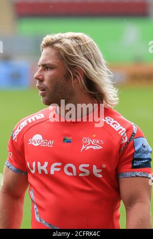 FAF de Klerk de sale Sharks pendant le championnat anglais Gallagher Premiership Rugby Union match entre Leicester Tigers et sale Requins sur Septem Banque D'Images