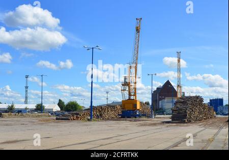 Port de Kolobrzeg, Pologne avec bois et loggs en attente de distribution Banque D'Images