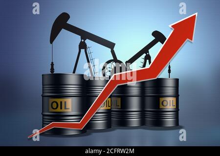 Collage des pompes à huile et des barils d'huile avec une flèche rouge vers le haut. Hausse des prix du pétrole. Banque D'Images