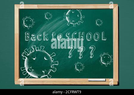 Texte de dessin à la main 'Retour à l'école ???' sur tableau noir. Concept Covid-19. Début de la nouvelle année scolaire. Banque D'Images