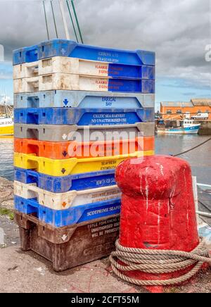 Pile de Fish Boxes dans Port Seton Harbour, East Lothian, Écosse, Royaume-Uni. Banque D'Images