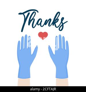 Merci aux professionnels de la santé pour leur lutte contre le coronavirus pandémique. Se lever avec des gants médicaux bleus. Équipement de protection individuelle Illustration de Vecteur