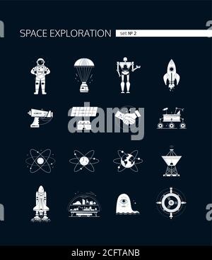 Exploration de l'espace - ensemble vectoriel moderne d'icônes blanches Illustration de Vecteur