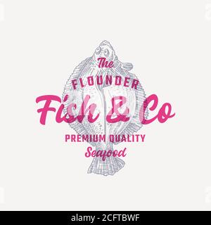 The Flider Fish and Company. Modèle de symbole, de symbole ou de logo abstrait. Poissons plats dessinés à la main avec Typographie rétro Premium. Fruits de mer élégants Illustration de Vecteur