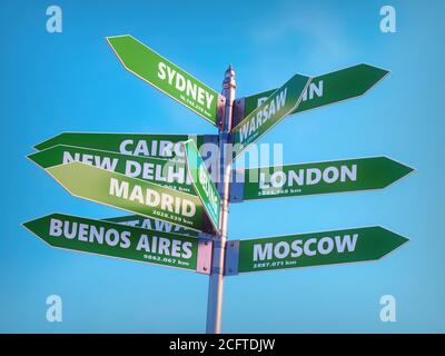 3D render of metal roadsign multidirectionnelle indiquant les principales capitales du monde avec les distances en kilomètres Banque D'Images