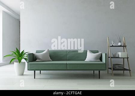 Chambre intérieure avec mobilier contemporain, canapé vert, étagère de plantes et d'échelle près de l'ancien mur blanc, décoration moderne simple, style de mode, 3D. Banque D'Images