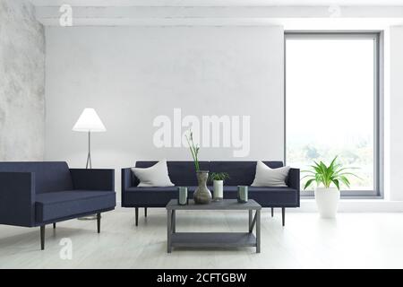 Chambre intérieure moderne avec mobilier contemporain, canapé bleu, fauteuil, lampe, plante et table avec accessoires près du mur ancien, style minimaliste. Banque D'Images