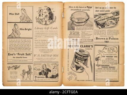 Page de journal avec texte anglais et images publicitaires vintage. Ancien magazine britannique de 1947