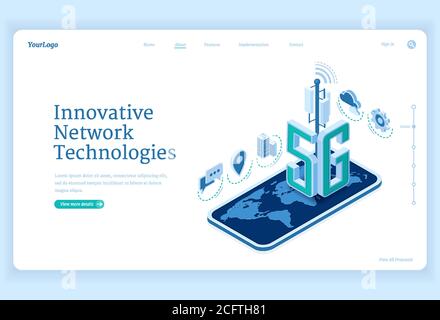page d'accueil isométrique des technologies réseau 5g. Télécommunications mobiles sans fil innovantes service cellulaire de nouvelle génération. Smartphone avec carte du monde, connexion Internet vitesse 3d vecteur Web bannière Illustration de Vecteur