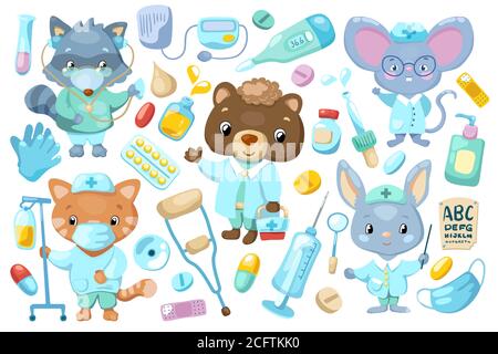 Les médecins animaux mignons et les outils médicaux, vecteur clipart sur fond blanc. Masque, gants et icône désinfectant pour les mains. Bannière médicale pour clinique pour enfants. Illustration de Vecteur