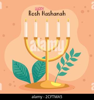 célébration de rosh hashanah, nouvel an juif, avec lustre et décorations de feuilles Illustration de Vecteur