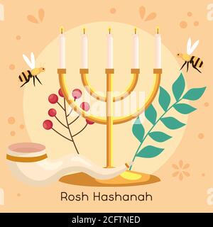 célébration de rosh hashanah, nouvel an juif, avec lustre et décoration Illustration de Vecteur