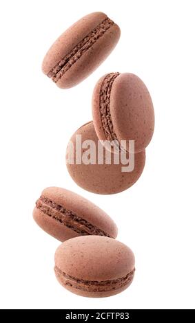 Macarons isolés. Cinq macarons au chocolat tombant sur fond blanc Banque D'Images