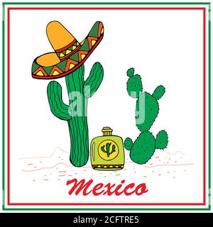 Cactus drôles dans sombrero avec tequila. Des élemen colorés et élégants Illustration de Vecteur