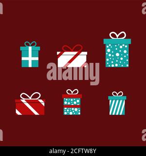 Ensemble de boîtes cadeau rétro colorés avec des arcs et des rubans. Vector illustration.