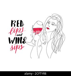 Fille avec un verre de vin dessin de ligne. Lèvres rouges et sirops de vin. Illustration de Vecteur