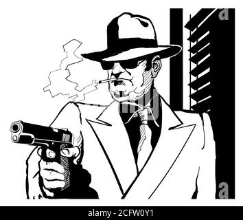 Gangster avec un pistolet dans le style de 1950 film noir et blanc - illustration vectorielle (idéal pour l'impression sur tissu ou papier, poster ou papier peint, huous Illustration de Vecteur