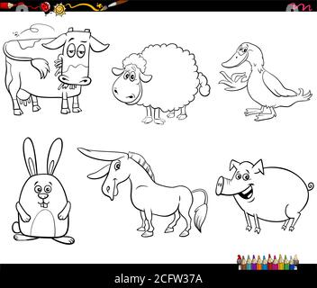 Dessin animé noir et blanc Illustration de personnages d'animaux de ferme amusants Définir la page du livre de coloriage Illustration de Vecteur