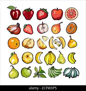 Ensemble de vecteurs de fruits arc-en-ciel isolé. Fraise hachée entière, banane poire orange pomme. Collection de fruits tirée à la main Illustration de Vecteur
