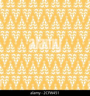 Motif vectoriel en zigzag folk art arbre de noël sans coutures. Motif en dentelle avec motif oiseau, étoile et flocons de neige sur fond jaune. Impression sur toute la page. Parfait pour noël et les vacances d'hiver. Illustration de Vecteur