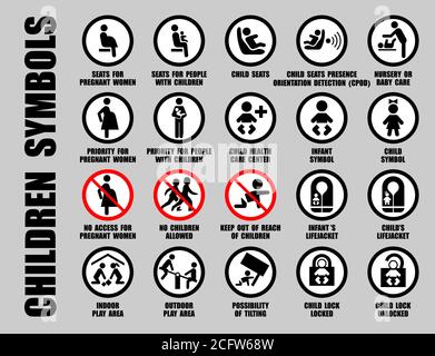Ensemble vectoriel complet d'icônes ISO noires avec symboles enfants, isolé sur blanc. Interdiction et signes autorisés avec les pictogrammes de bébé, d'enfant, d'enfant et de nourrisson Illustration de Vecteur