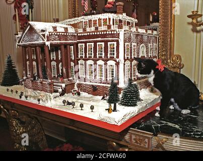 12/5/1993 - Photo de chaussettes le chat debout à côté de la réplique d'épices de la Maison Blanche Banque D'Images