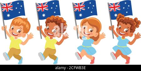 Drapeau australien en main. Drapeau de retenue des enfants. Drapeau national de l'Australie vecteur Illustration de Vecteur