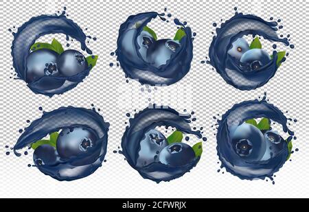 Myrtille mûre juteuse avec jus de fruits frugivré. Myrtille fraîche sous différents angles. Smoothie ou confiture avec myrtille. Myrtille sauvage d'été. Illustration pour votre affiche, bannière. Icône vecteur 3D. Illustration de Vecteur