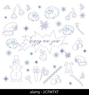 Dessins de Noël du nouvel an. Flocons de neige. Balles de Noël, jouets. Modèle. Set. Illustration de Vecteur