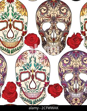 Texture sans couture avec illustration des crânes de sucre. Le jour des morts. Motif vectoriel pour votre créativité Illustration de Vecteur