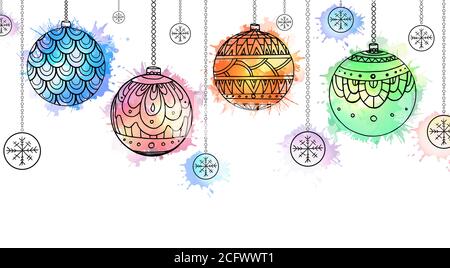 Carte postale avec boules de Noël suspendues à motif boho et aquarelle. Carte pour votre créativité Illustration de Vecteur