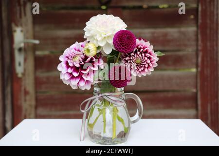 bouquet de dahlias blanc et violet dans vase en verre Banque D'Images