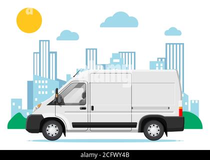 Livraison en blanc sur fond urbain. Express livrant des services camion commercial. Concept de livraison rapide et gratuite en voiture. Fret et logistique. Illustration vectorielle plate de dessin animé Illustration de Vecteur