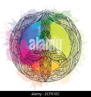 Signe de paix avec un motif boho et des éclaboussures d'aquarelle arc-en-ciel. Illustration vectorielle pour impression sur T-shirts, cartes postales, autocollants et votre c Illustration de Vecteur