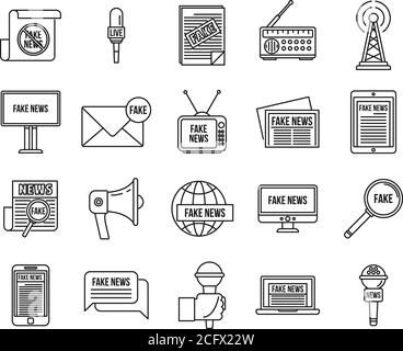 Icônes de fake news modernes. Ensemble de grandes lignes d'icônes de vecteur de fausses nouvelles modernes pour la conception de sites Web isolée sur fond blanc Illustration de Vecteur