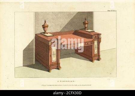 Buffets avec tiroirs et placards en cellaret une paire de étuis à couteaux pour vase dans chaque socle. Peut être adapté pour stocker une table à manger et ses feuilles. Fabriqué par Thomas Morgan et Joseph Sanders, Catherine Street, Strand. Gravure en plaques de coperplate de couleur main provenant du dépôt de tapisseries et de tapisseries de l'ameublement, composée de soixante-dix-six dessins de meubles modernes et à la mode, Rudolph Ackermann, Londres, 1830. Banque D'Images