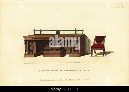 Buffet en acajou et chaise de salle à manger, 1810. Buffet d'acajou jamaïcain avec cellarets, cave à vin, tiroirs. Siège rembourré à la française et dossier recouvert de cuir marocain. Gravure en plaques de coperplate de couleur main provenant du dépôt de tapisseries et de tapisseries de l'ameublement, composée de soixante-dix-six dessins de meubles modernes et à la mode, Rudolph Ackermann, Londres, 1830. Banque D'Images