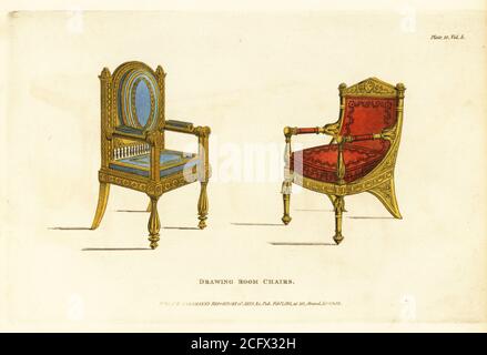 Chaises de salon, 1811. Richement sculptés d'or bruni et de bronze vert, les sièges et les dossiers français farcis et recouverts de satin brodé. Capitonnés pour s'assortir aux rideaux. Gravure en plaques de coperplate de couleur main provenant du dépôt de tapisseries et de tapisseries de l'ameublement, composée de soixante-dix-six dessins de meubles modernes et à la mode, Rudolph Ackermann, Londres, 1830. Banque D'Images