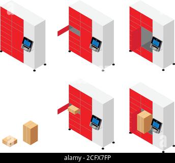 Le client utilise un terminal de poste automatisé en libre-service ou un casier pour déposer un colis à des fins d'entreposage. Station de livraison de colis Illustration de Vecteur